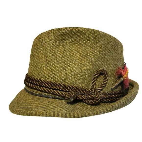Vintage Green Wool Tyrolean Fedora Hat Sz 7 Feather Pin Braided Rope Accent - Picture 1 of 9